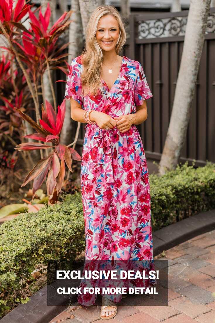 Keep You Around Floral Maxi Dress- Ivory &amp; Hot Pink – The Pulse ...