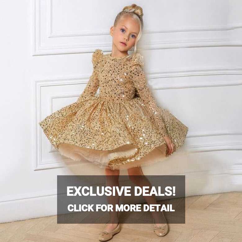 Kids Girls Gold Sequin Long Sleeves Puffy Party Dress/Gown | Girls ...