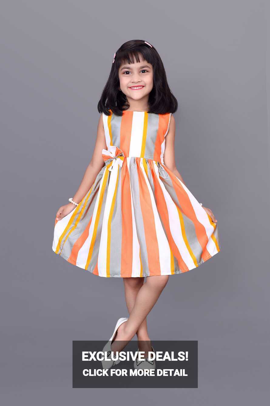 Kids Girls Knee Length Striped Multicolour Design Festive/Wedding ...