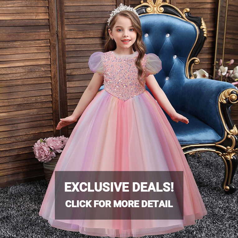 Kids Girls Sequins Glitter Princess Dress Short Puff Sleeve Lace ...