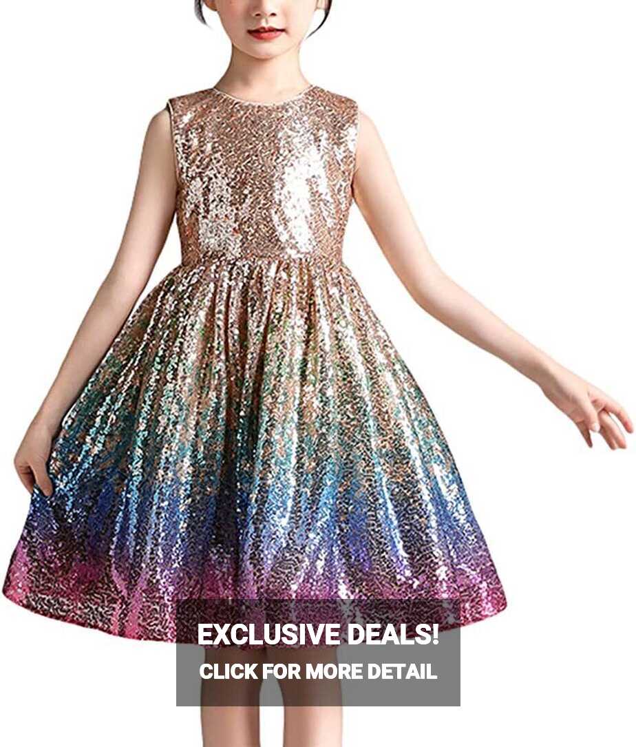 Kids Girls Sparkle Sequin Dress Sleeveless Rainbow Wedding Party ...