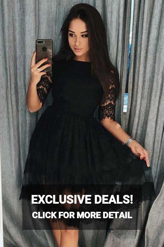 Knee-Length Black Lace Homecoming Dresses Half Sleeves ...