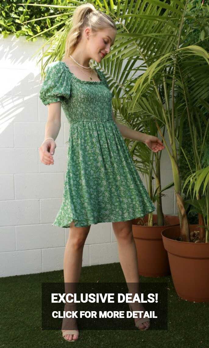 Knee-Length Green Floral-Print Casual Dress - PromGirl