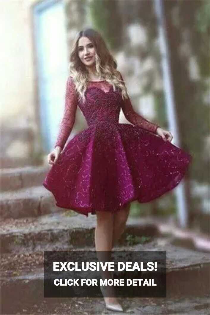 Knee Length Long Sleeve Beaded Wine Cocktail Dress - Xdressy