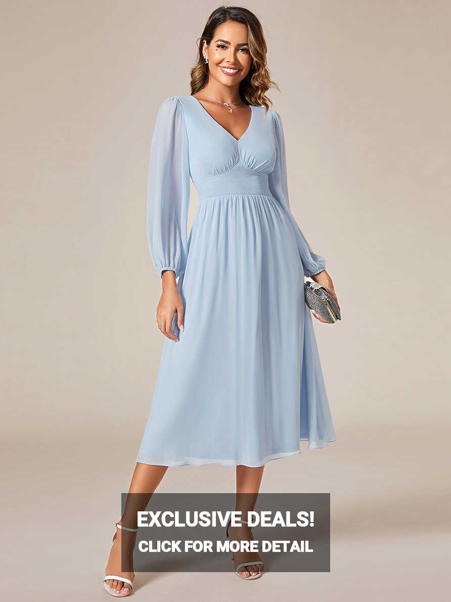 Knee Length Long Sleeves Chiffon Wholesale Wedding Guest Dresses