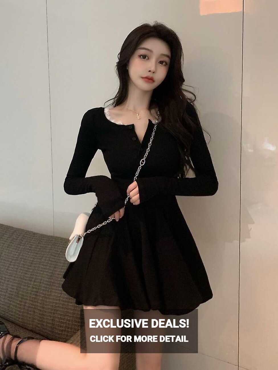 Knitted Black Wrap Dress Women Korean Style Lace Long Sleeve Short ...