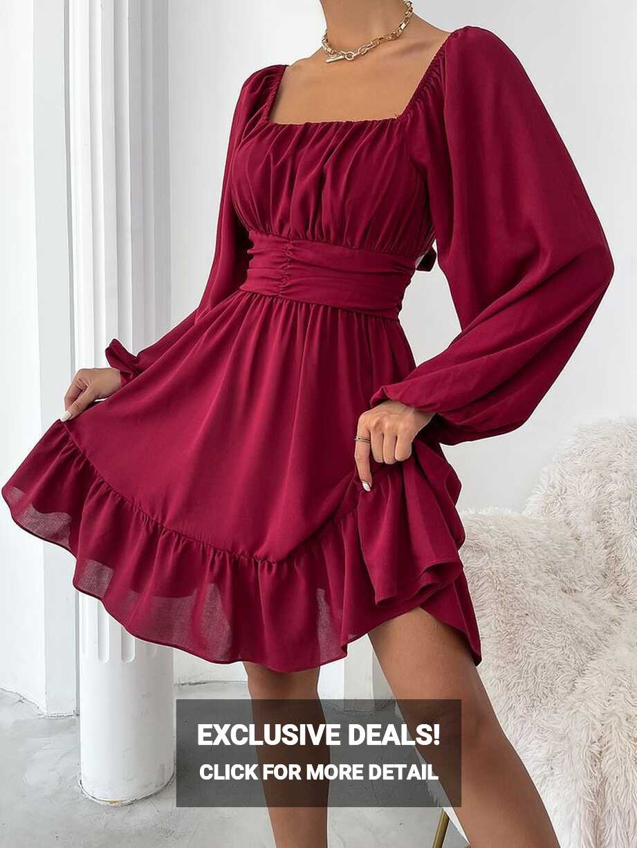 Knot Back Lantern Sleeve Ruffle Hem Dress | Cute formal dresses ...