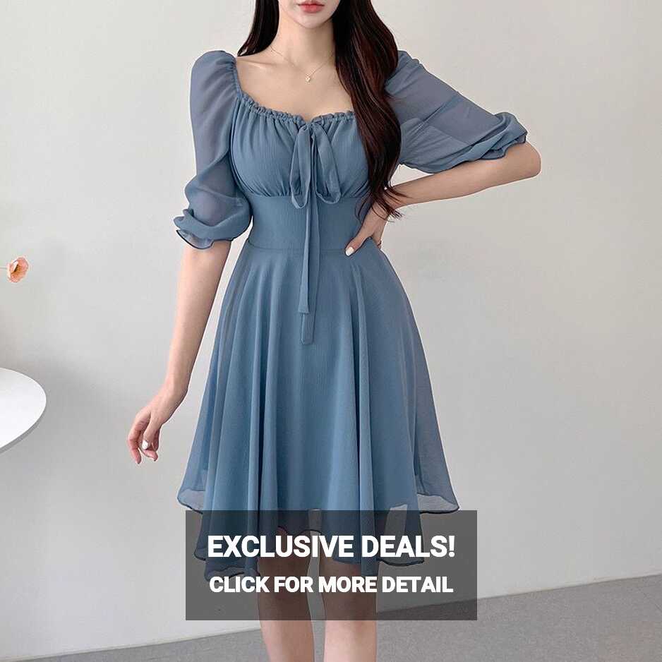 Korean Style] Off-white Blue Flowy Chiffon Short Dress – Ordicle