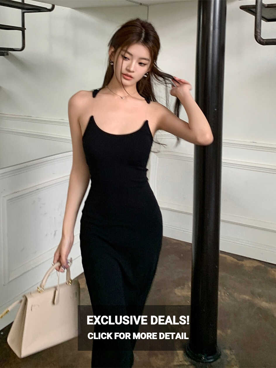 Korean Style] Spaghetti Strap Black Bodycon Midi Dress – Ordicle