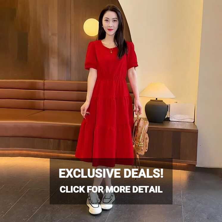 Korean Style Hepburn Style Little Red Dress Tiered Maxi Long Dress ...