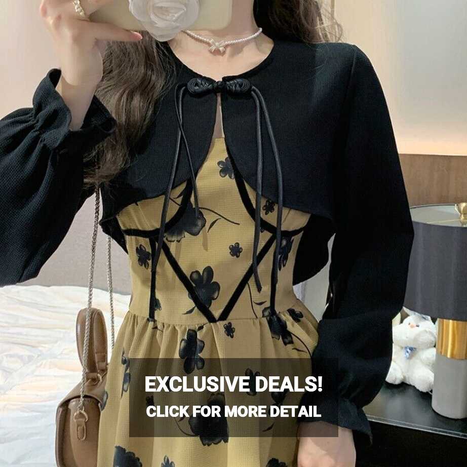 Korean Women Elegant Long Sleeve Printed Sweet Dress Sling Dress ...