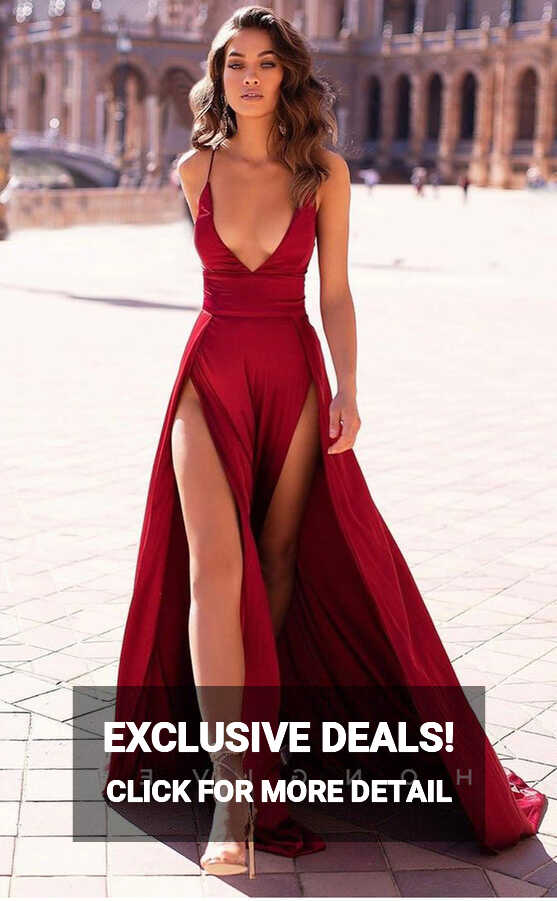 L0932 - Sexy Red Long V-Neck Double Slit With Train Evening Prom Party