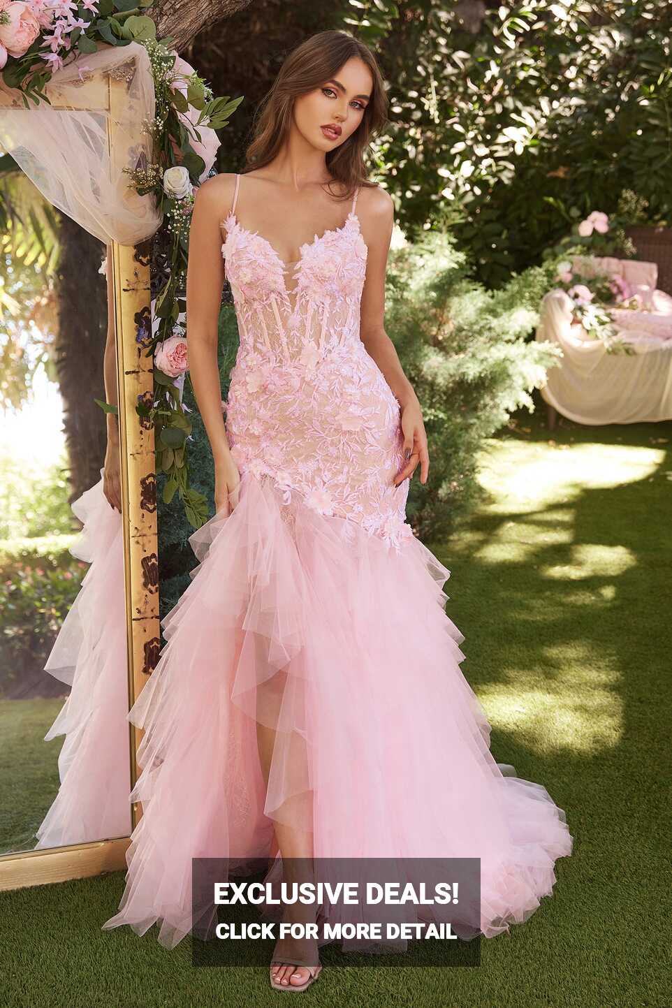 LEXLEY Baby Pink Romantic Floral Applique Tulle Mermaid Prom ...