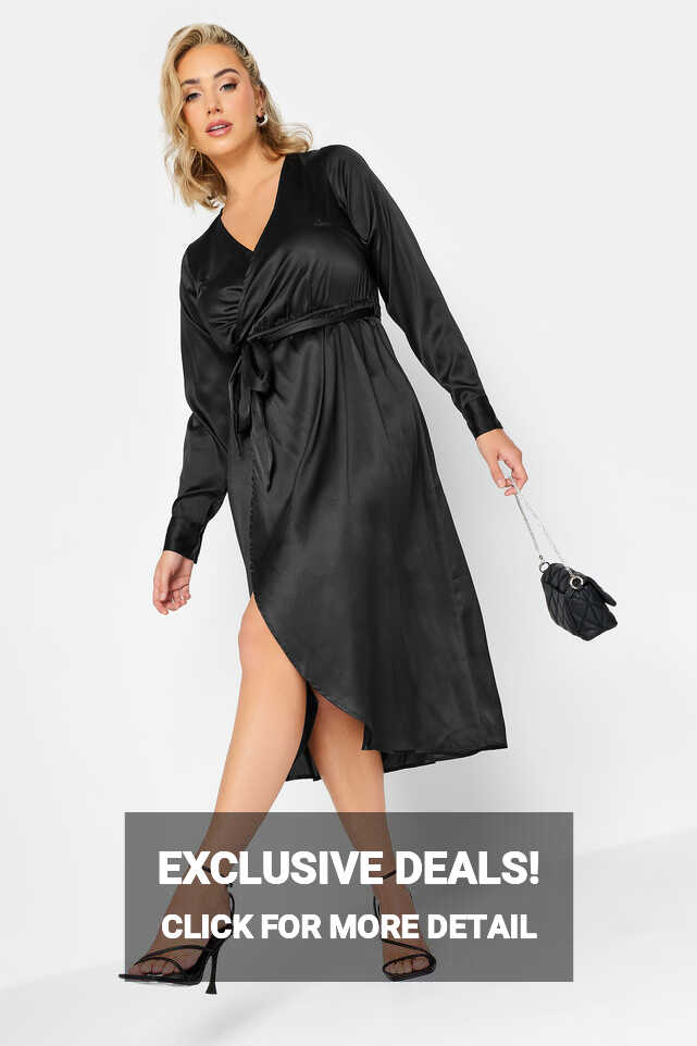 LIMITED COLLECTION Plus Size Black Satin Wrap Dress | Yours Clothing