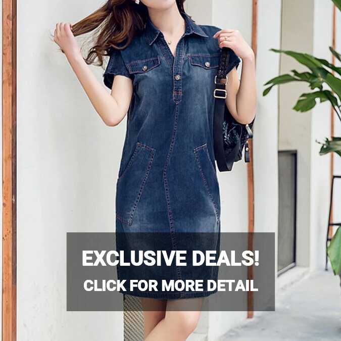 LMSXCT Women&#39;s Short Sleeve Buttoned Denim Dress Lapel Knee-Length ...