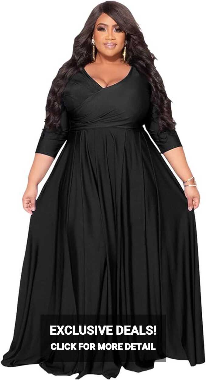 LOAIHA Womens Plus Size 3/4 Sleeve V-Neck Wrap Waist Maxi Dress ...