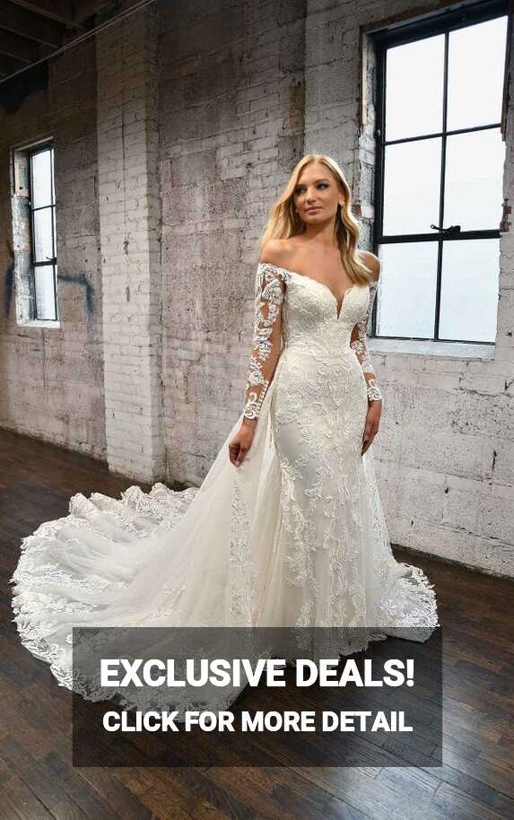 LONG-SLEEVE LACE WEDDING DRESS WITH DETACHABLE OVERSKIRT ...