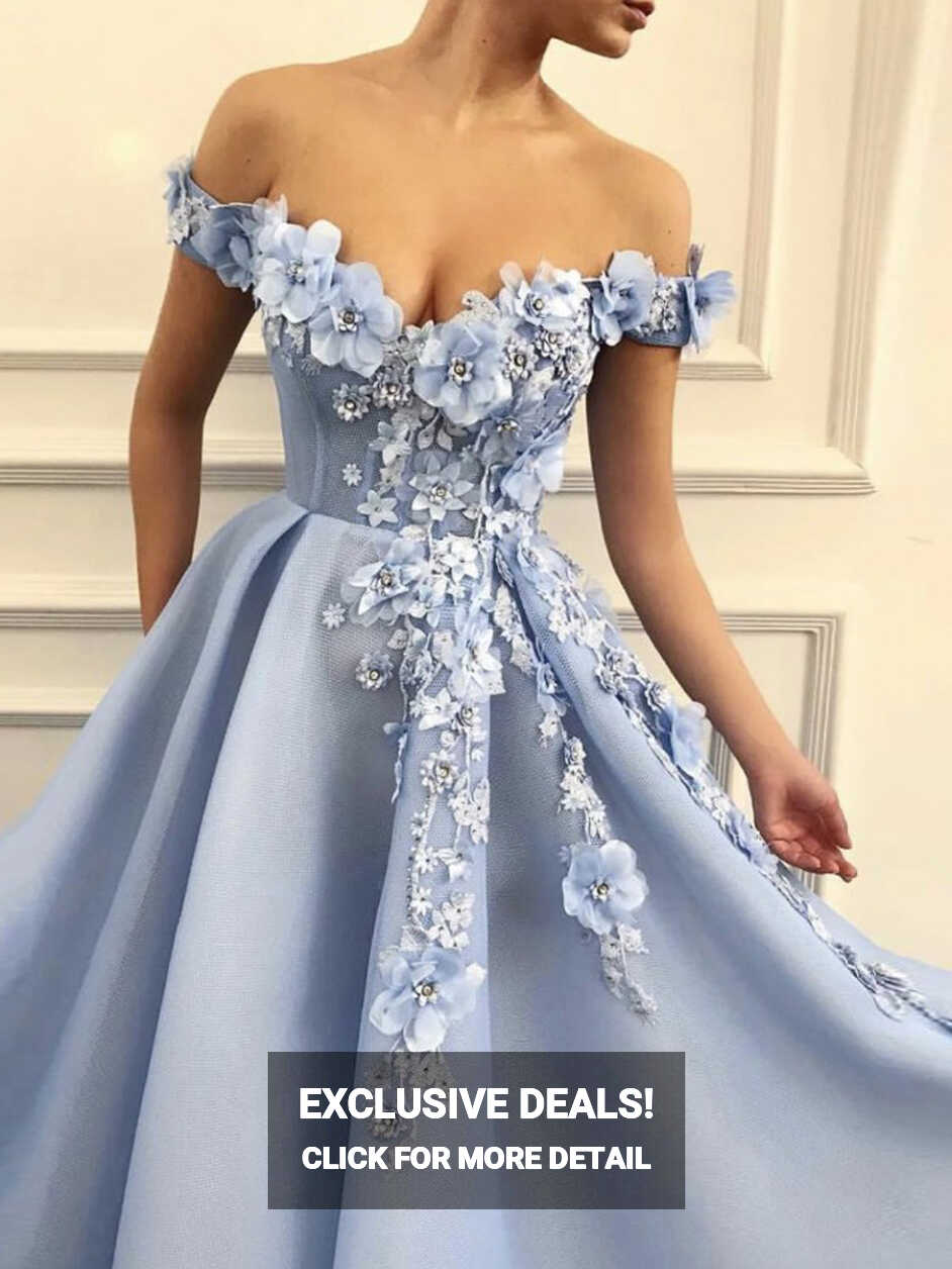 LORIE Baby Blue Princess Prom Dresses Off the Shoulder 3D Flowers ...