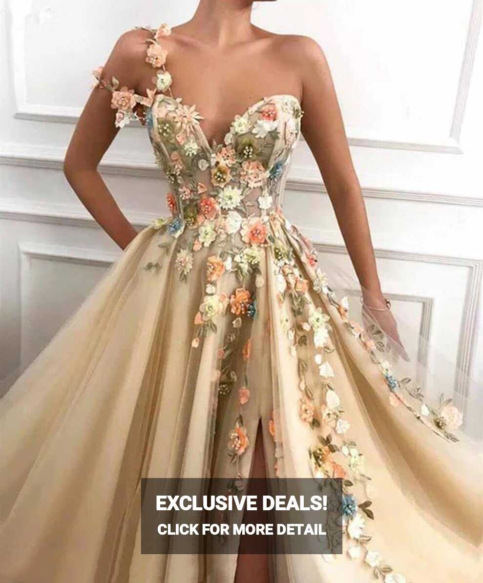 LORIE Elegant One Shoulder Prom Dresses Long 3D Floral Lace ...