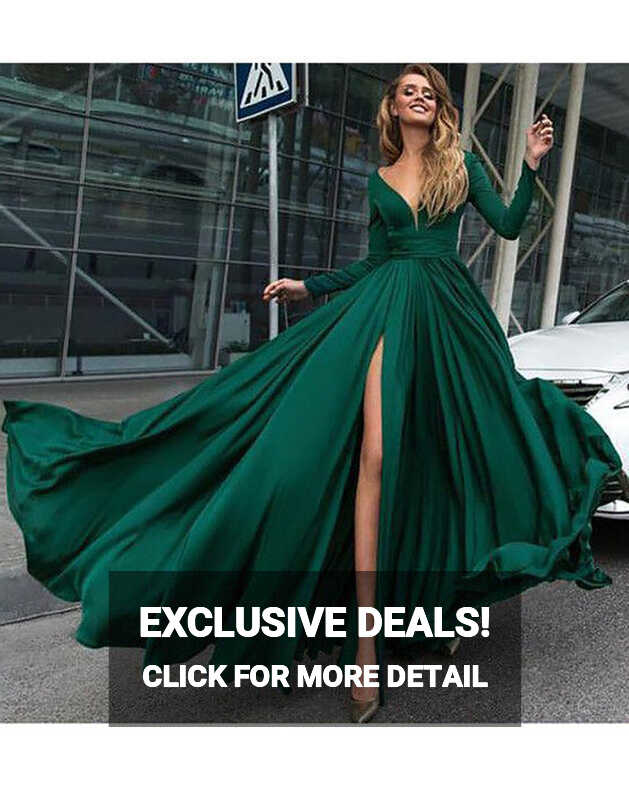 LP887 Emerald Sexy Deep V Neck Long Sleeves Evening Dresses Long ...