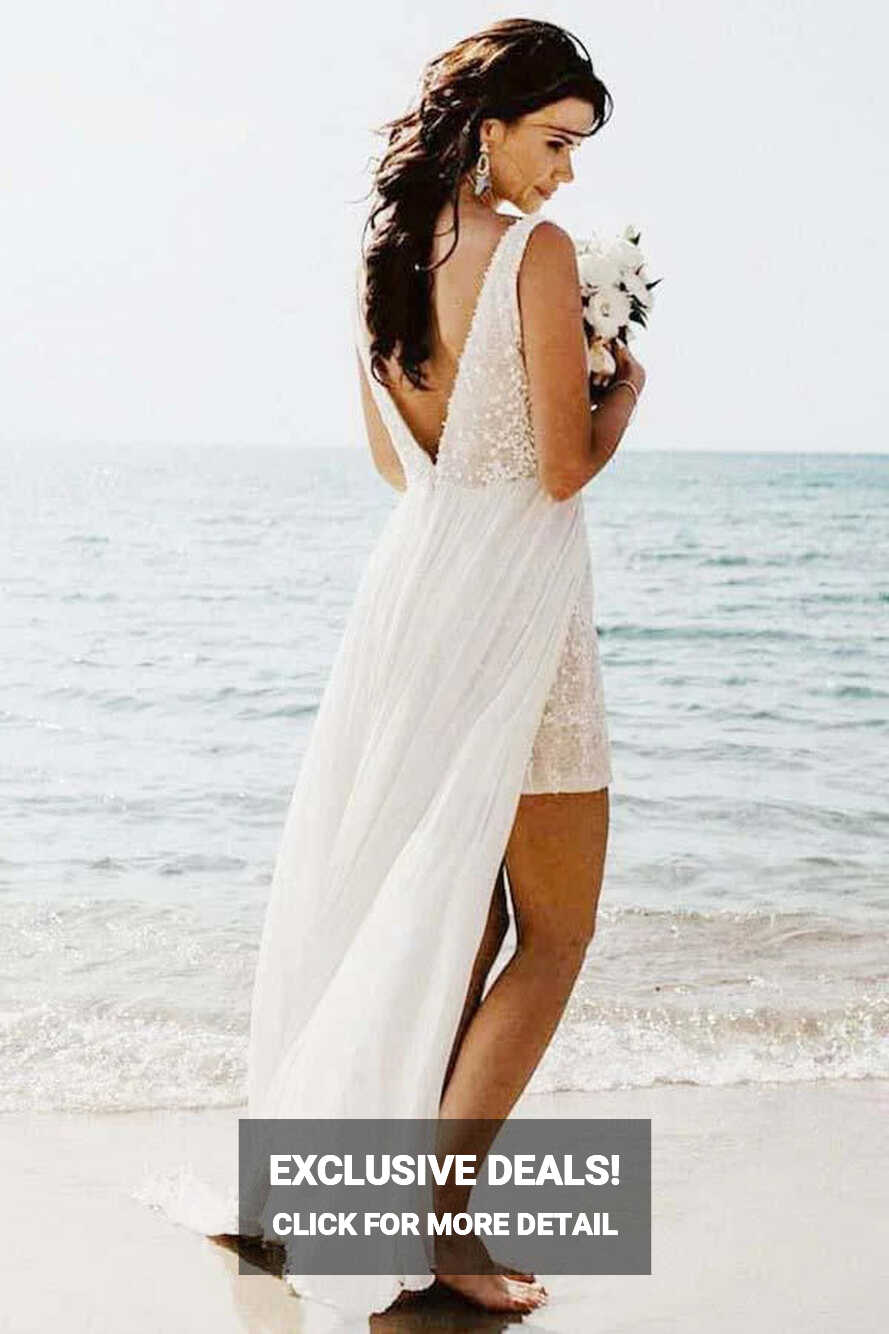 Lace A-line V-neck Short Beach Wedding Dresses SW590 | Simidress