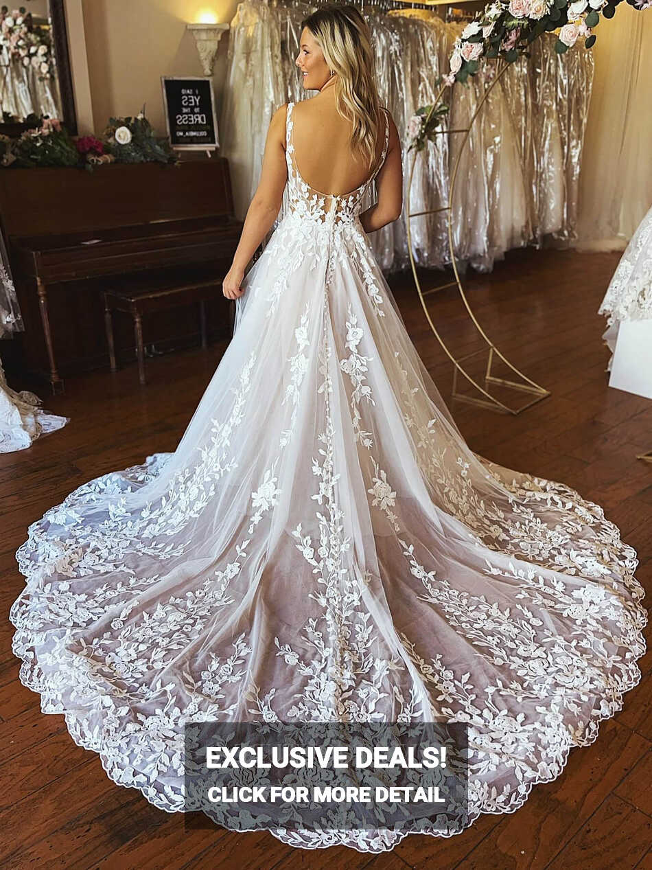 Lace Applique V-Neck Wedding Dresses Chapel Train Bridal Dresses ...