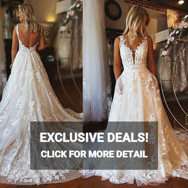 Lace Boho Wedding Dresses with Pockets V Neck Tulle A Line ...