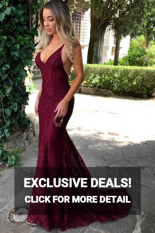 Lace Burgundy Spaghetti Straps V-neck Mermaid Prom Dresses Train ...