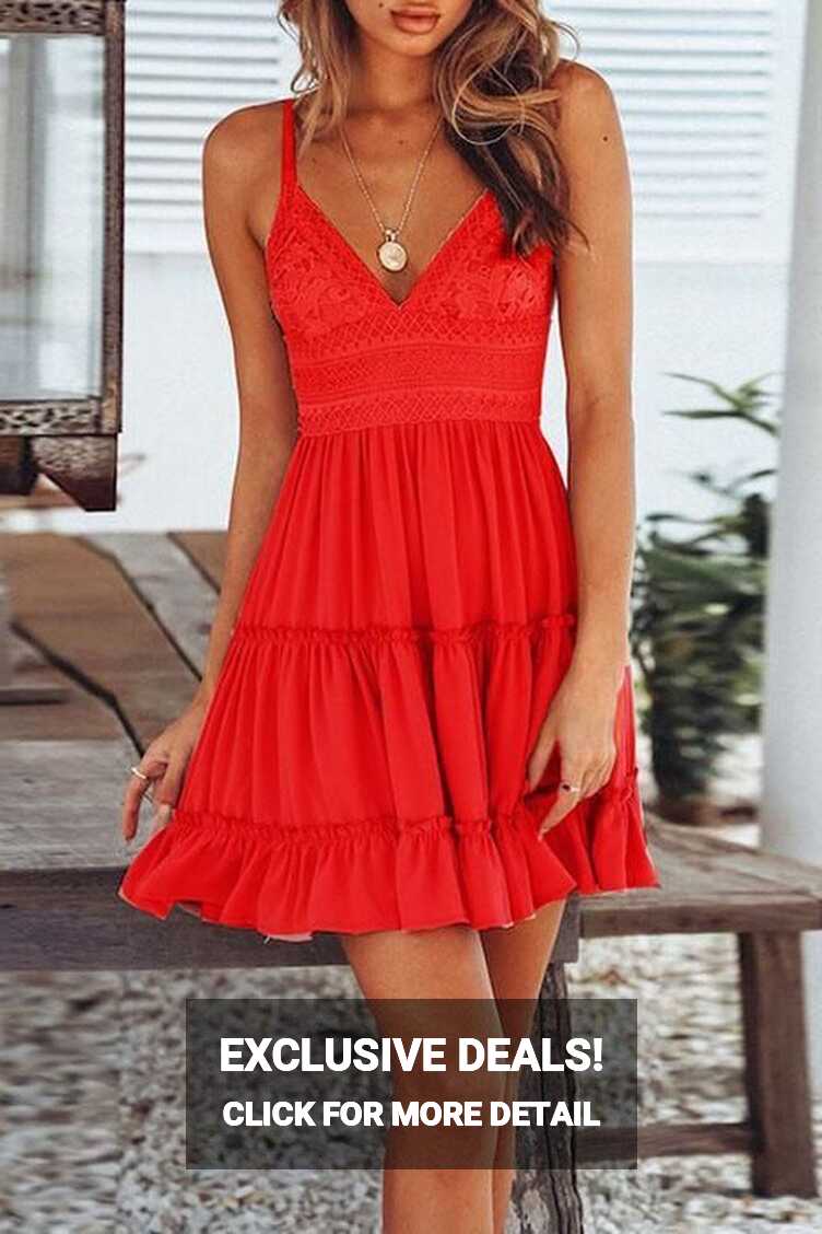 Lace Embroid Mini Dress - Red