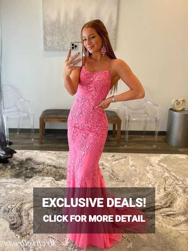 Lace Hot Pink Prom Dresses 2024 Mermaid V Neck Long Formal Dress ...