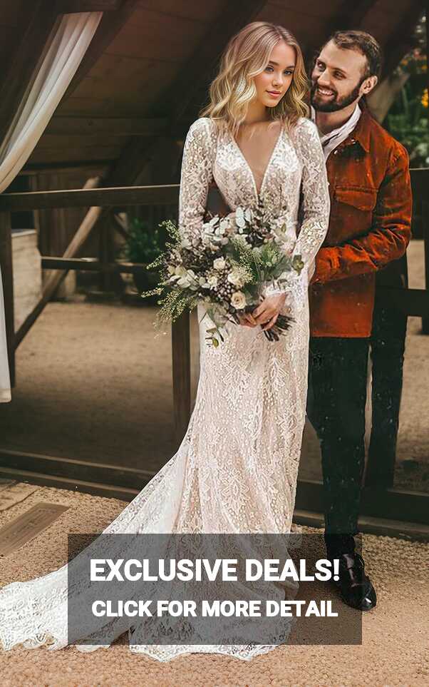 Lace Long Sleeve Boho Floral Vintage V-neck A-Line Wedding Dress ...