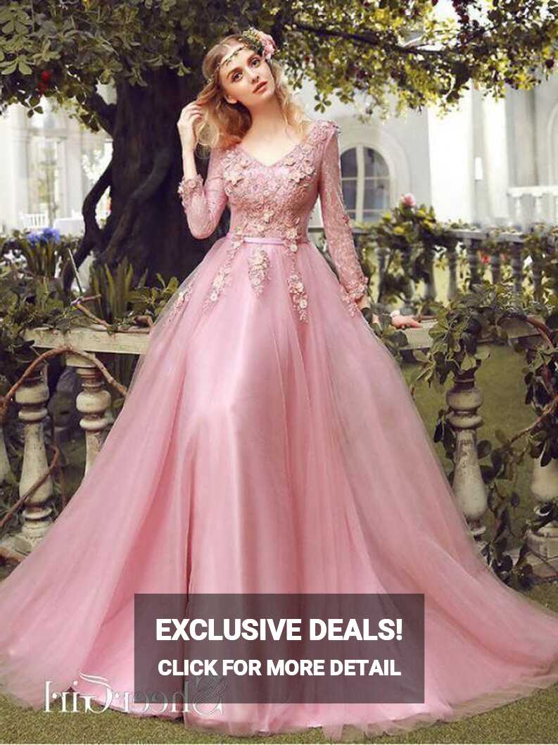 Lace Long Sleeve Pink Prom Dresses V Neck Tulle Appliqued Beaded ...