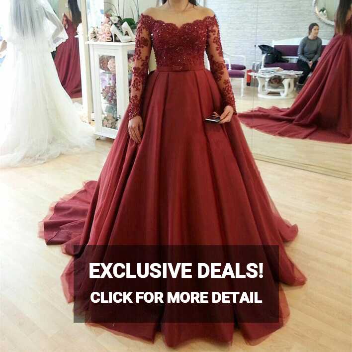 Lace Long Sleeves Burgundy Ball Gowns Evening Prom Dresses – alinanova