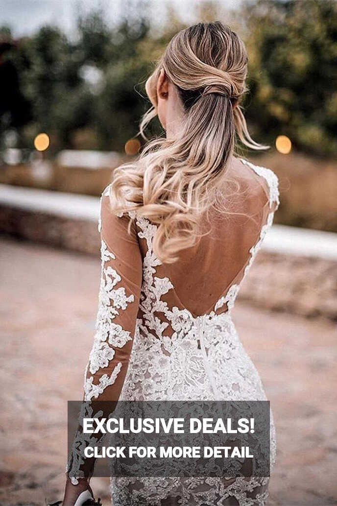 Lace Mermaid Backless Long Sleeves See Through Wedding Dress ...