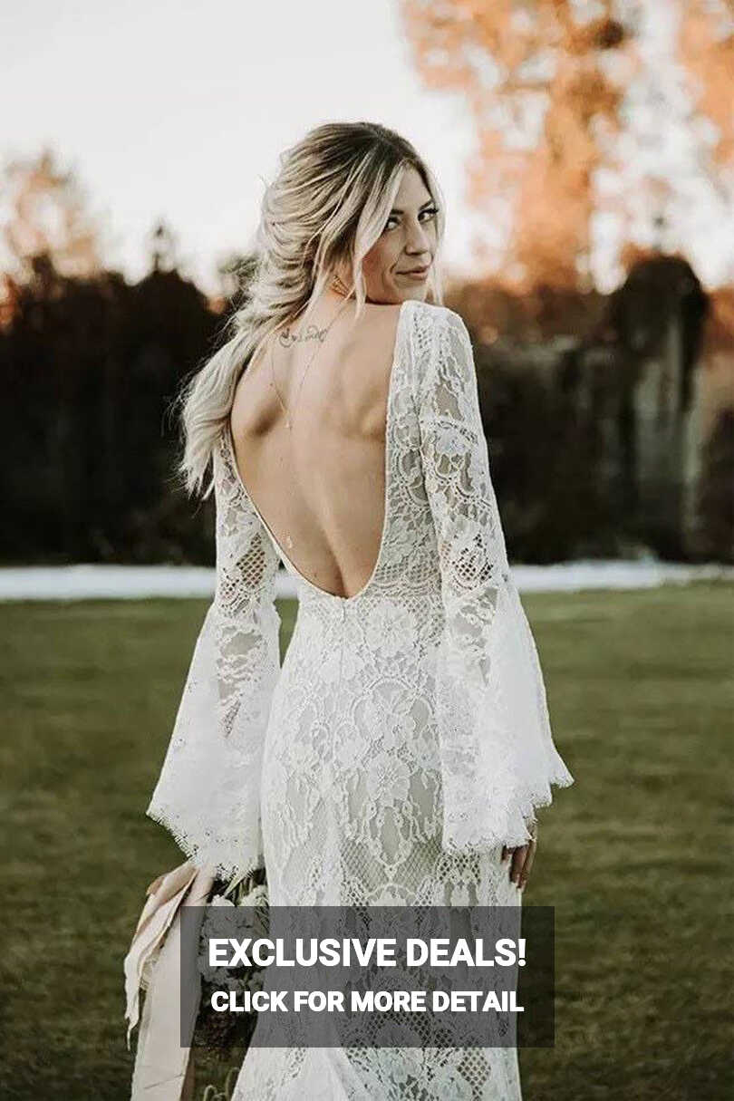 Lace Mermaid V-neck Long Sleeves Backless Bohemian Wedding Dresses ...