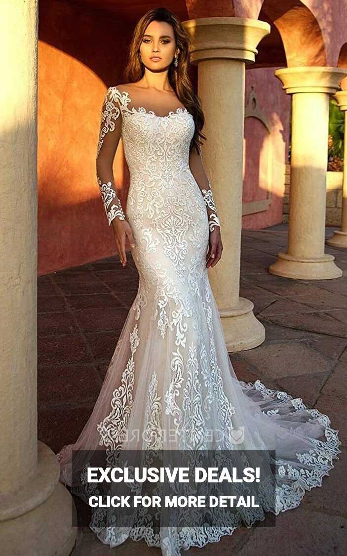 Lace Mermaid Wedding Dress with Long Sleeves Elegant Country ...