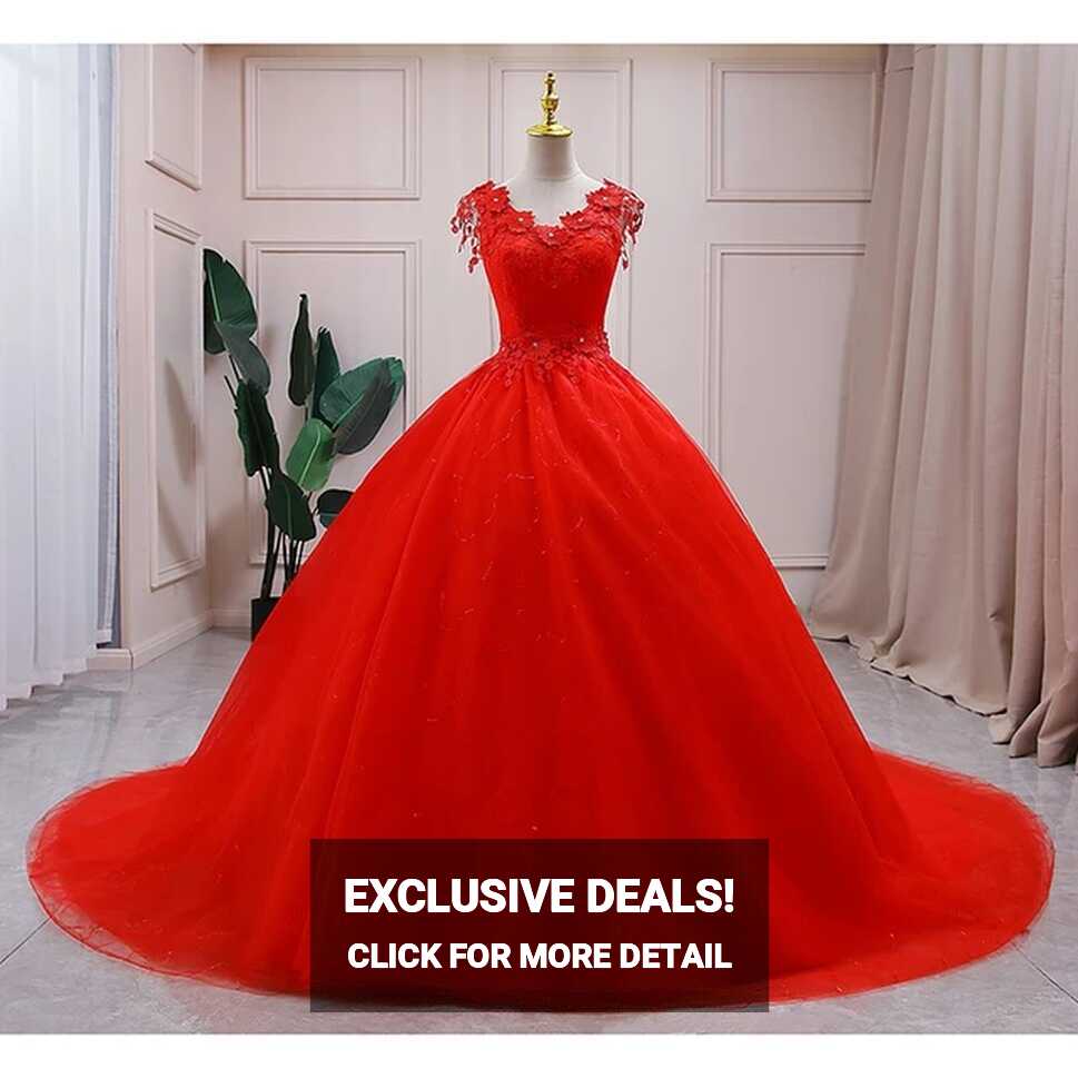 Lace Red V Neck Wedding Dress 2023 Simple Princess Ball Gown ...