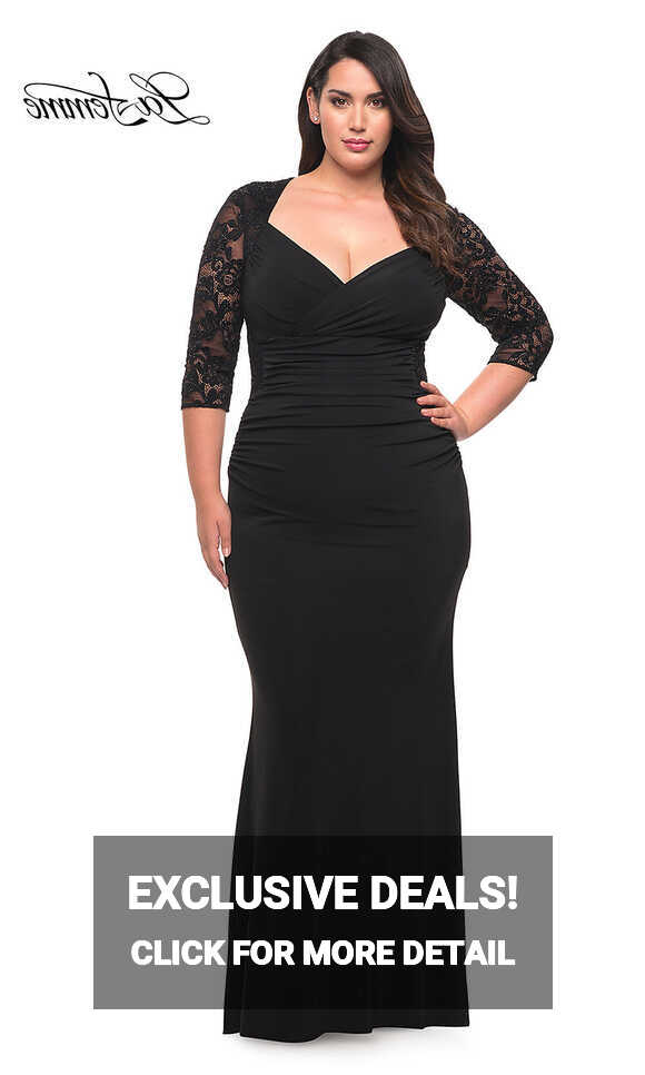 Lace-Sleeve La Femme Plus-Size Formal Dress - PromGirl