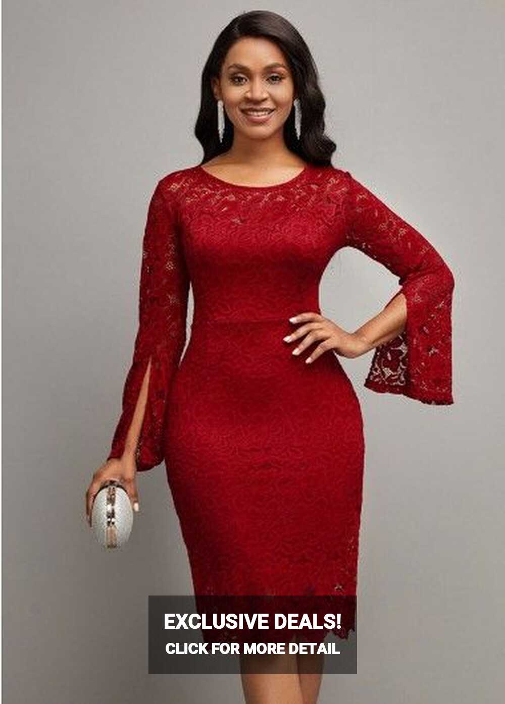 Lace Stitching Round Neck Red Bodycon Dress