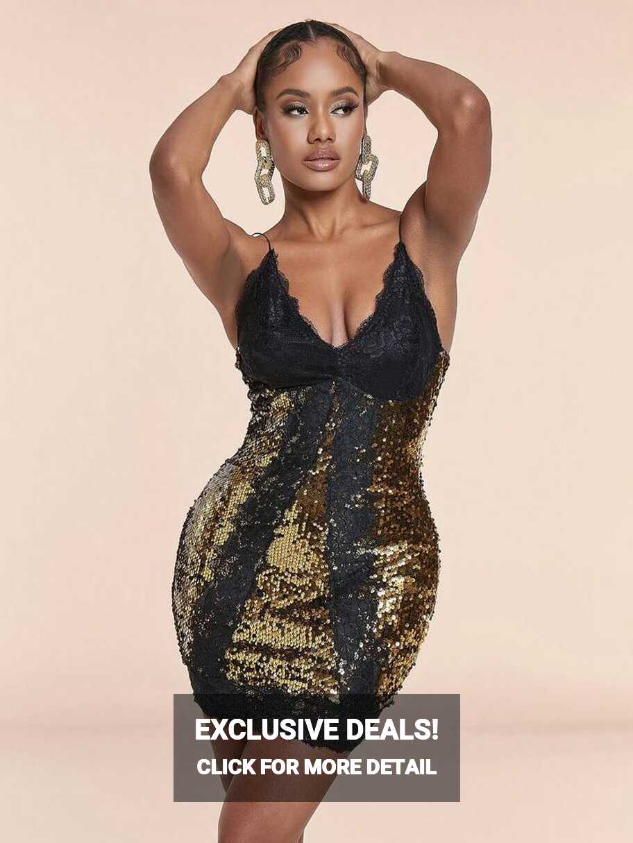 Lace Trim Sequin Bodycon Party Dress | SHEIN USA