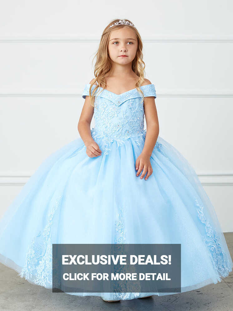 Lace and Tulle Off-the-Shoulder Sky Blue Flower Girl Full Length ...