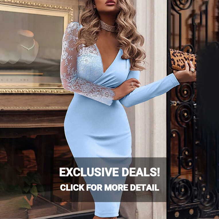 Ladies Deep V Neck Elegant Dress Knee Length Long Sleeve Bodycon ...