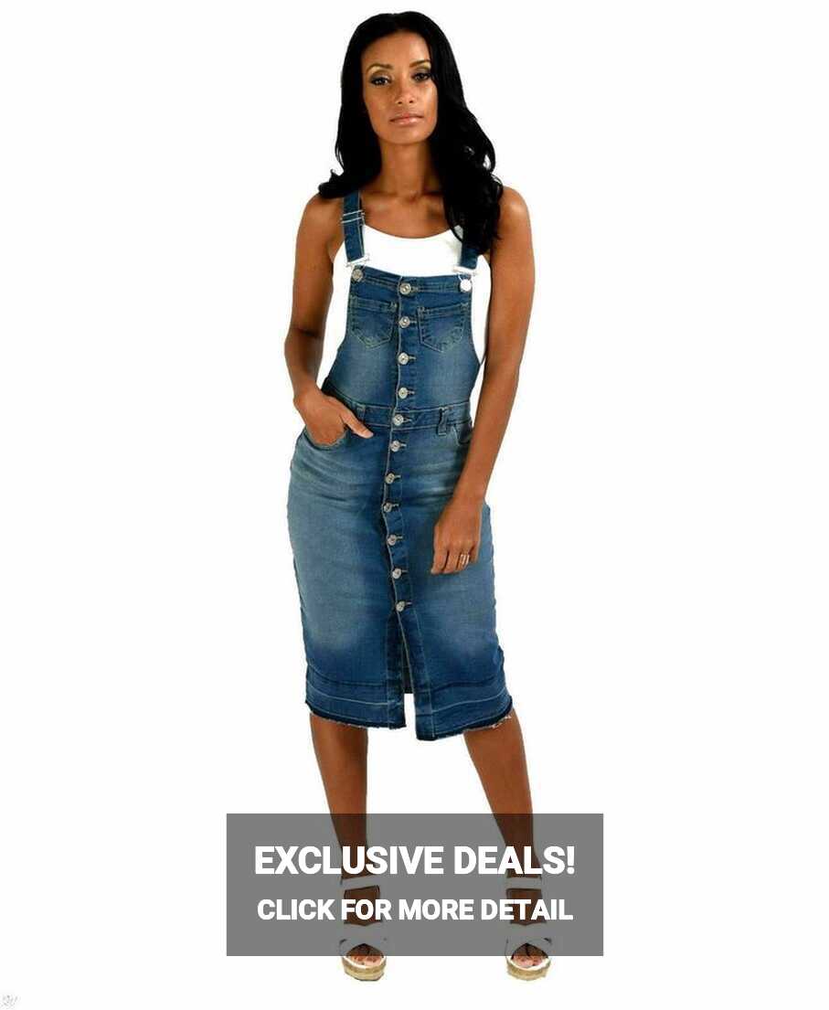 Ladies Denim Knee Length Button Pinafore Dress. Sizes 8-20. - UK ...