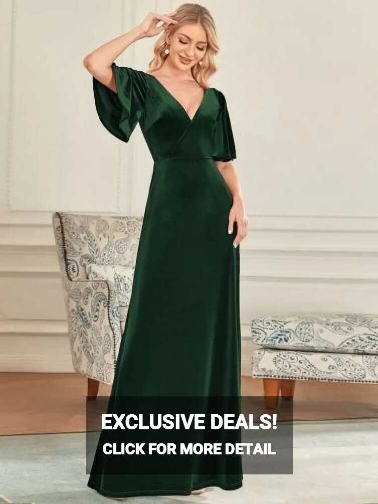 Ladies Party Maxi Dress Womens Emerald Green Velvet Evening Prom A ...