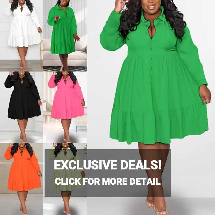 Ladies Plain Dress Long Sleeve Knee Length Dresses Women Plus Size ...