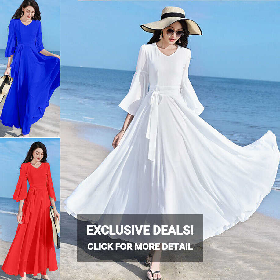 Ladies Solid Flare Sleeve Chiffon Dress Maxi Long Swing Dancewear ...