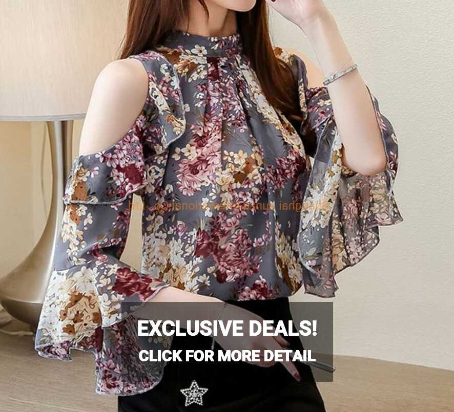 Ladies Tops Floral Chiffon Blouse for Women Tops Ruffles Stand ...