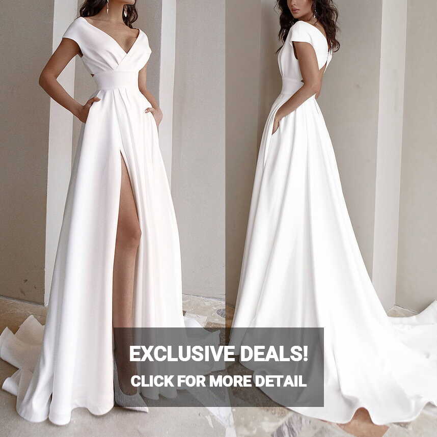 Ladies White V Neck Long Dress Evening Dress Formal Dress Long ...