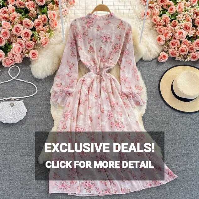 Lady Long Swing Dress Chiffon Floral Flared Sleeve Sweet Casual ...