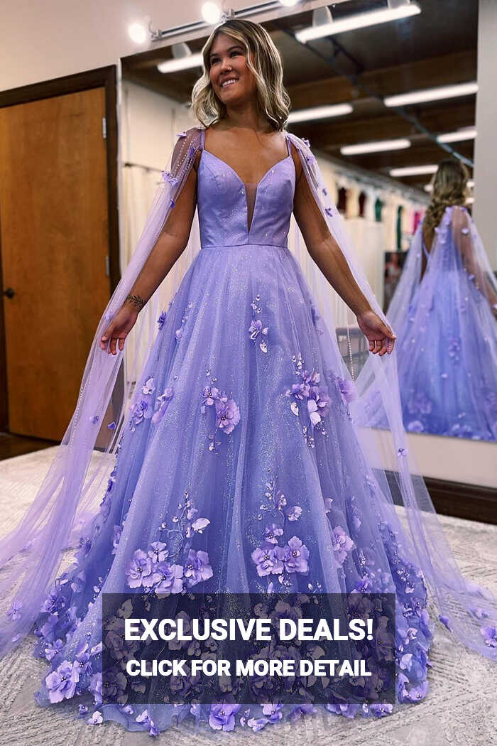 Lavender 3D Floral Lace A-Line Prom Dress with Cape Sleeves | KissProm